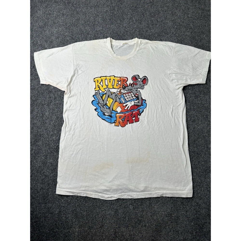 Mens T Shirt River Rat Cartoon Beer Graphic White Short Sleeve, Size XL